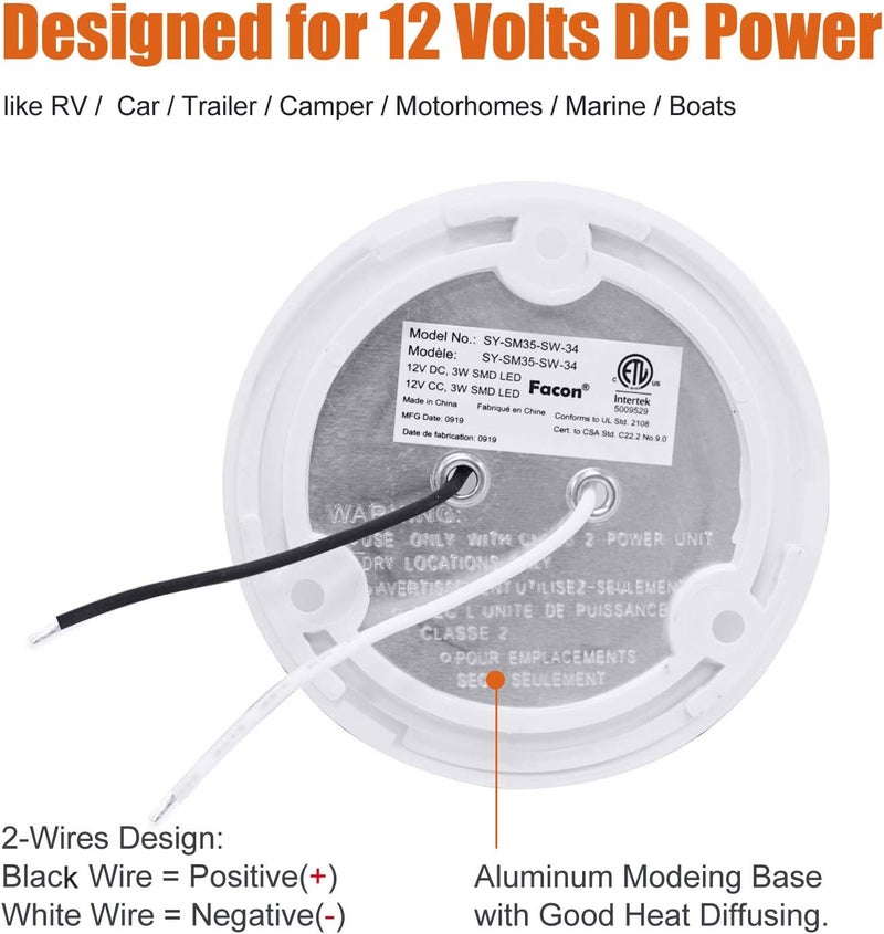 FACON 2-Pack Ultra Slim 3.5'' 12V RV Puck Lights w/Switch, SY-SM35 3400K Warm White LED Interior Lights for RVs, Camper Van, Boats, 12V Dome Light Fixture – cETL Certified - Image 5